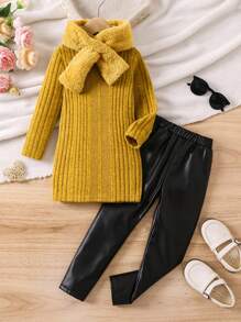 SHEIN 少女泰迪圍巾長袖上衣和pu皮革褲子套裝 - 黃色 - 查看 1