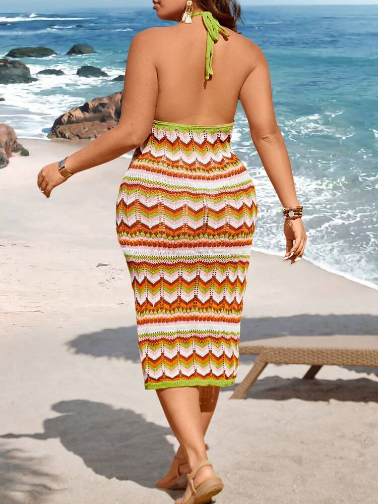 Women's Plus Size Halter Wavy Long Knitted Sweater Dress