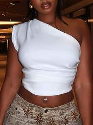 Women Street Style White Cropped Tight One-Shoulder Camisole Top