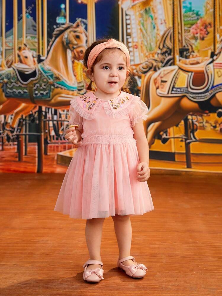 Baby Girl's Peter Pan Collar Embroidered Flower Mesh Dress With Puff Sleeves And Waist Shirred, Pink