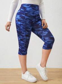 SHEIN LUNE Plus Size Women's Camouflage Printed Capri Leggings For Summer - Royal Blue - View 3