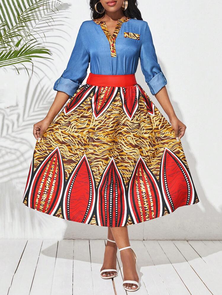 Women's Notched Collar Roll-Up Sleeve Blouse And Skirt Set