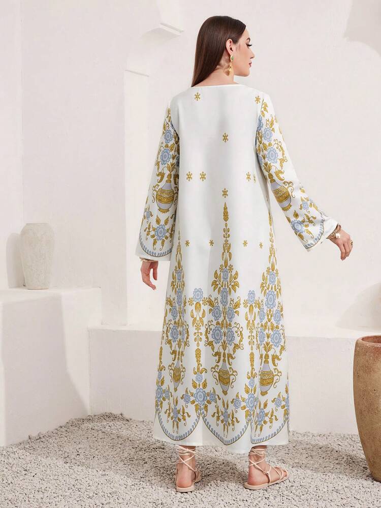 Women'S Long Sleeve Arabian Style Plant Printed Dress