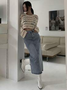 DAZY Women's Washed Denim Side Split Skirt Jeans Skirt - Blue - View 4