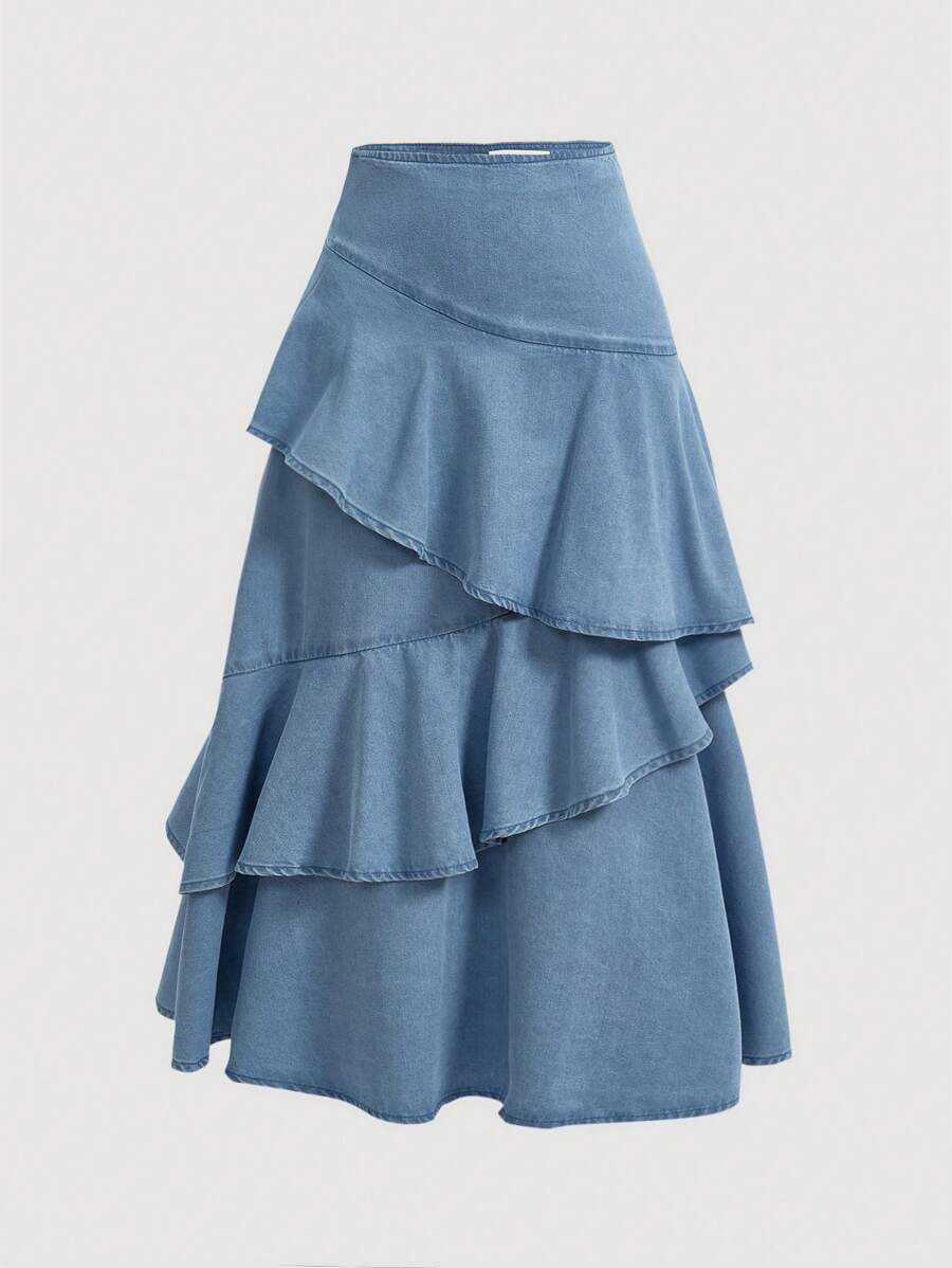 圣帕特里克节春假可爱牛仔荷叶边裙 - 淺色水洗藍 - 查看 1
