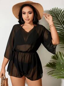 SHEIN Swim Curve 大尺寸腰部束縛透視背帶套裝 - 黑色 - 查看 3