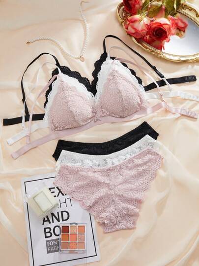 3sets Bloemen Kanten Scallop BH Slipje Lingerie Set view 5