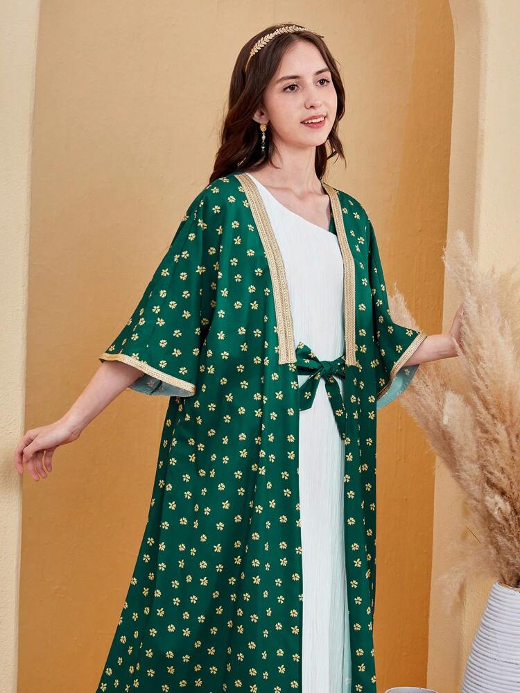Teenage Girl's Floral Printed Gold Weave Belt Coat And Asymmetric Neckline Belted Dress Two-Piece Set