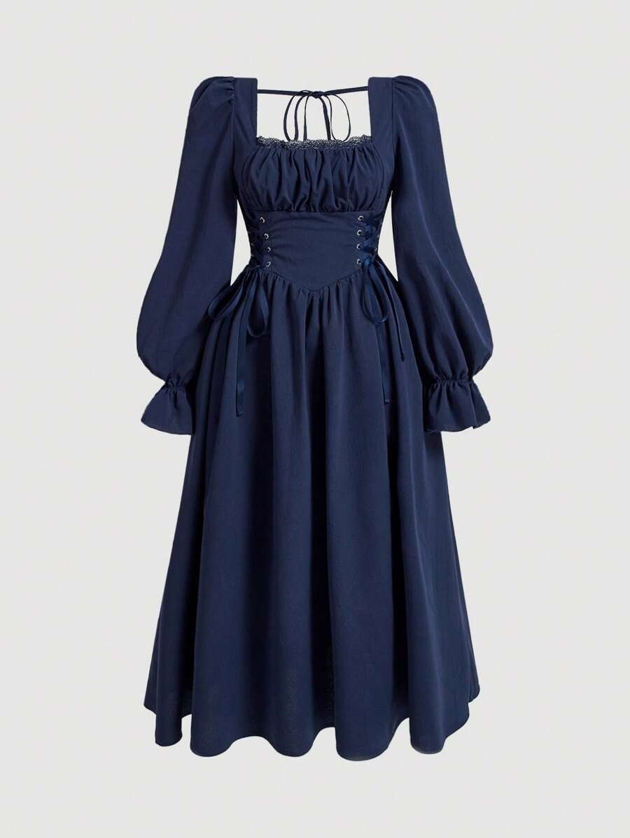 SHEIN MOD Vestido azul púrpura con diseño de lazo frontal, busto fruncido y mangas con volantes para mujer - Azul Marino - Ver 1
