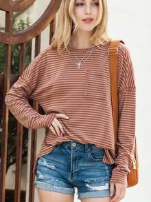 Acelitt Striped Pattern Round Neck Long Sleeve Casual T-Shirt - Multicolor - View 5