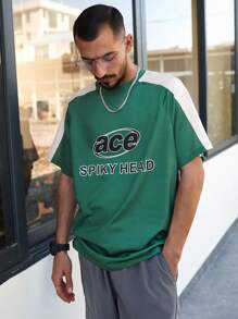 Manfinity Homme Men's Short Raglan Sleeves T-shirt With Letter Print - Green - View 3