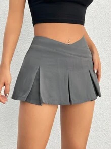 SHEIN PETITE Women'S Solid Color V-Shaped Waistband Pleated Mini Skirt