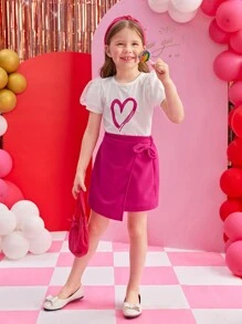 SHEIN Young Girl New Arrivals Heart Printed Mesh Panel Puff Sleeve T-Shirt And Asymmetrical Wrapped Skirt Set
