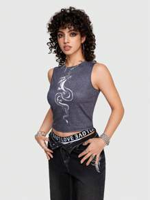 ROMWE Street Life Y2k Sexy Dragon Pattern Jean-Like Knitted Fabric Tank Top For Summer For Women - Navy Blue - View 3