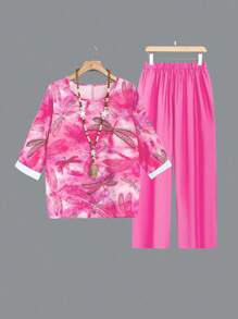 EMERY ROSE 女款大碼蜻蜓印花圓領t恤和純色褲子套裝 - 玫紅色 - 查看 1