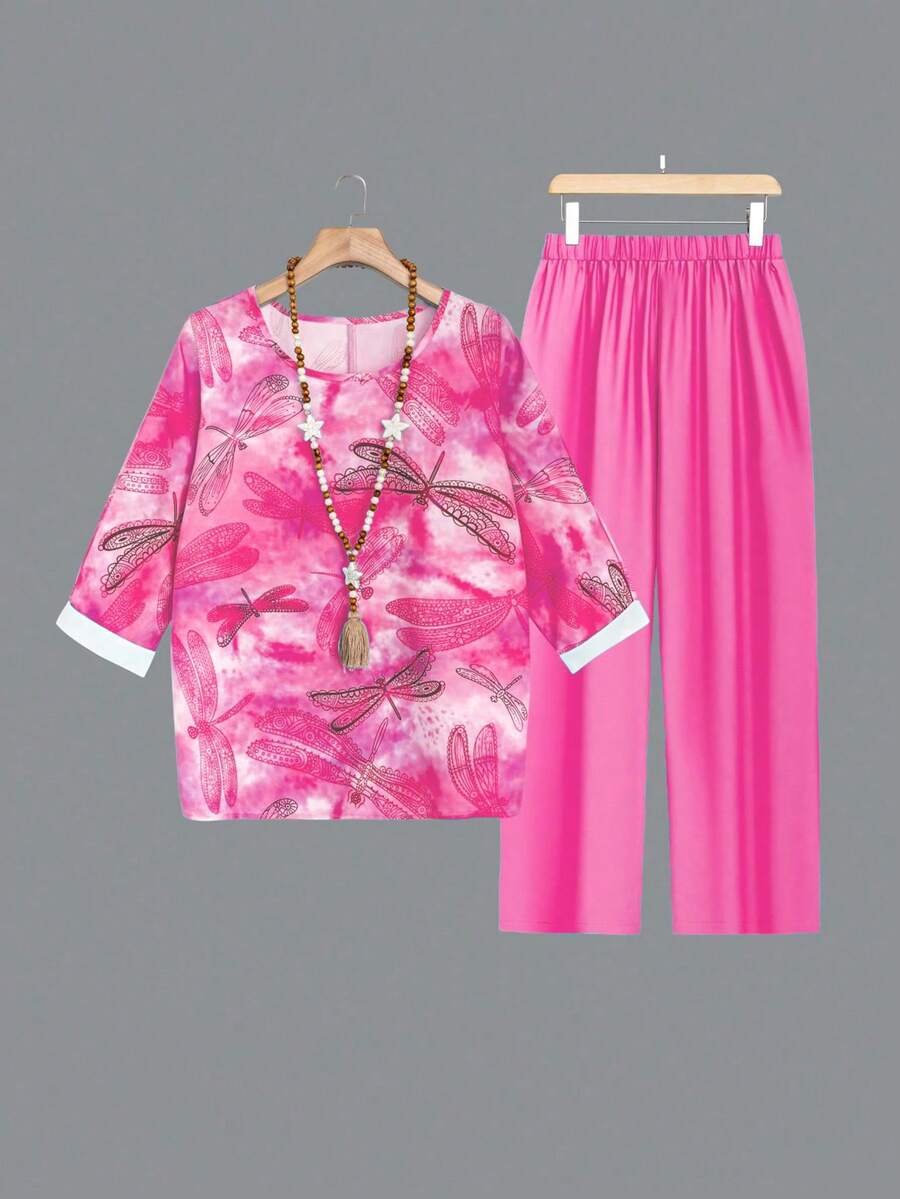 EMERY ROSE 女款大碼蜻蜓印花圓領t恤和純色褲子套裝 - 玫紅色 - 查看 1