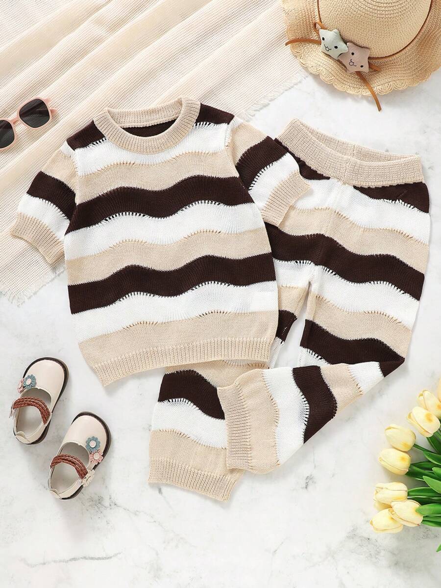 SHEIN Young Girl Color Block Wavy Pattern Long Sleeve Sweater Set - Multicolor - View 1