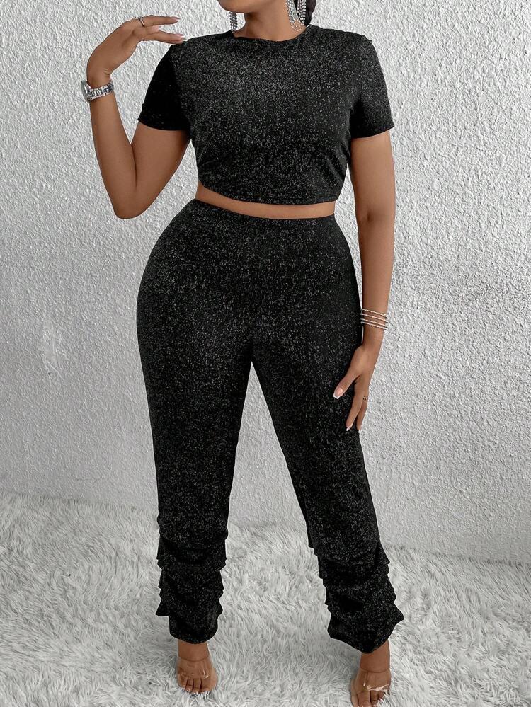 Plus Size Silver Foil Print Slim Fit Two-Piece Set