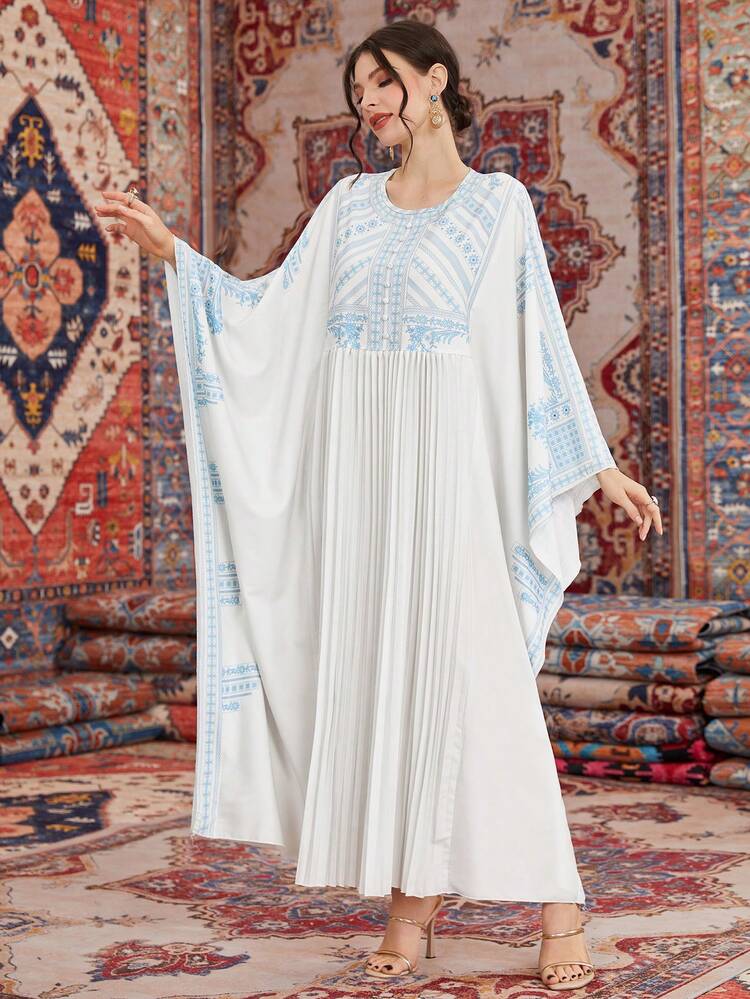 Women's Loose Fit Kaftan With Contrasting Colors & Printed Round Neckline