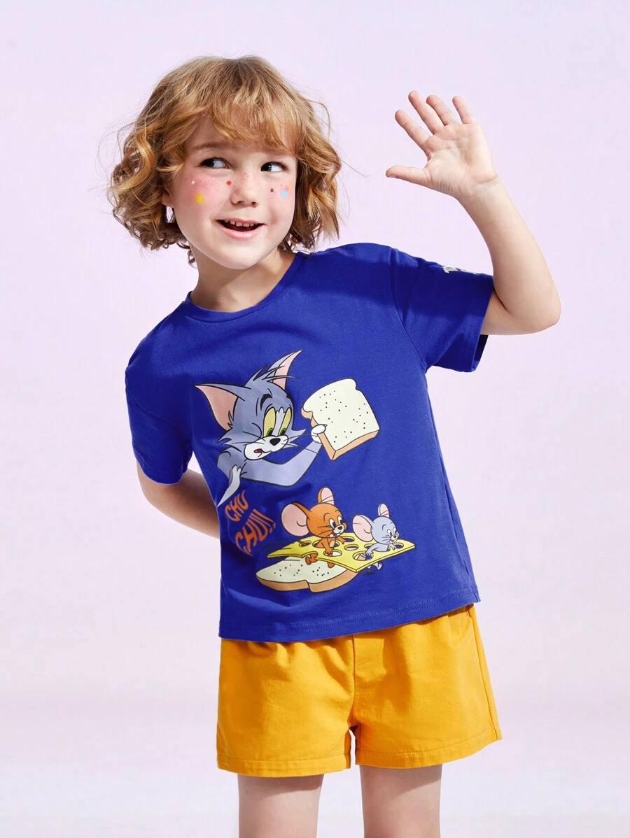 TOM & JERRY X SHEIN Young Boy Cartoon & Letter Graphic T-Shirt - Royal Blue - View 1