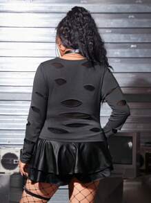 ROMWE PUNK 女士加大碼鑽石空心圓領長袖t恤 - 灰色 - 查看 2