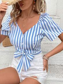 SHEIN VCAY Women's Striped Blouse With Knotted Hem