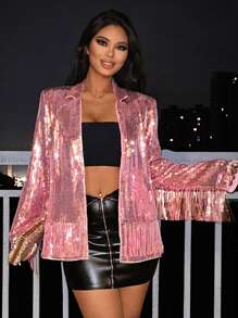 SHEIN SXY 新年女士派對性感粉色亮片流蘇西裝外套 - 粉色 - 查看 2