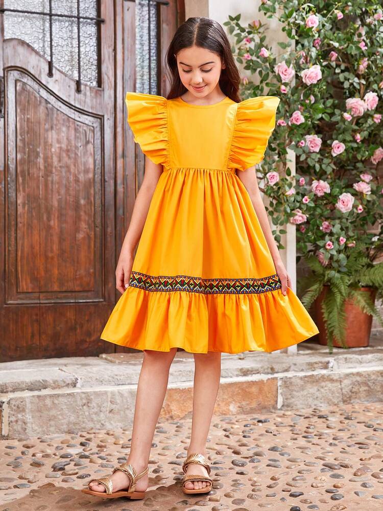 Tween Girl Round Neck Holiday Style Dress With Ruffle Sleeve And Weave Belt