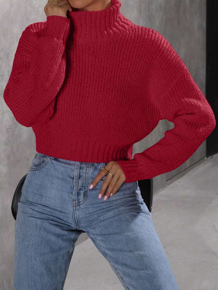 Solid High Neck Cropped Knit Pullover Fall Winter Sweater