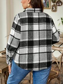 SHEIN LUNE 女士加大碼格紋長袖襯衫 - 黑與白 - 查看 2