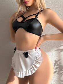 3 Piezas/set Conjunto De Lencería Sexi Para Mujer Con Decoración De Borde De Volante Y Hueco (sujetador Sin Alambre, Tanga, Faja)