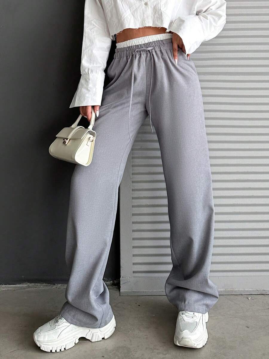 CasuGlow Pantalones Anchos Con Bloques De Color Y Cordón Para Mujer - Gris - Ver 1