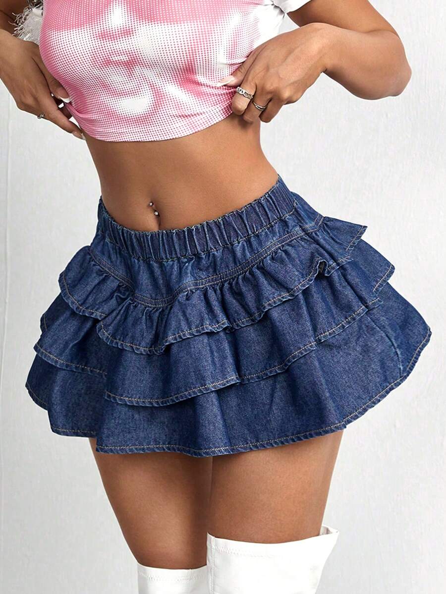 SHEIN ICON Women's Denim Ruffle Tiered Skirt - Blue - View 1