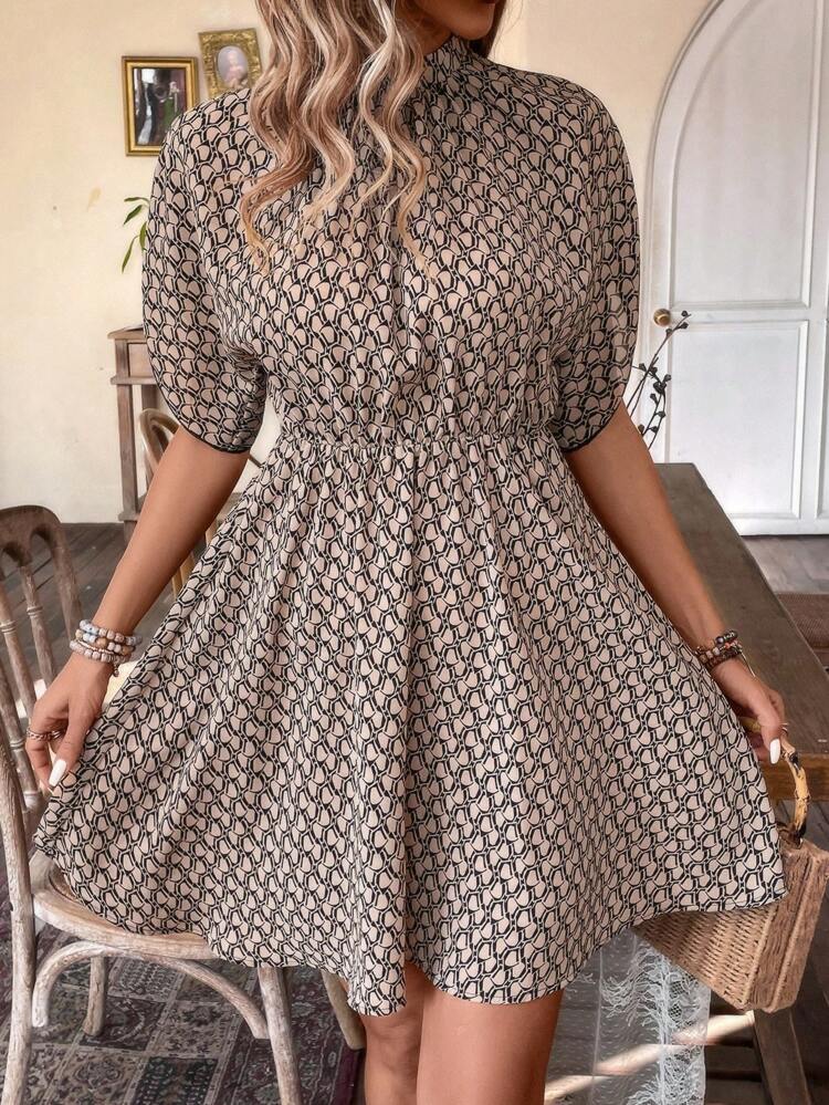 Women's Stand Collar Batwing Sleeve Printed Dress