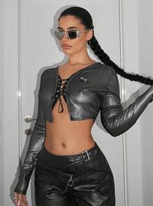 SHEIN ICON Women'S Metallic Fabric Front Tie Crop Top - Silver - View 3