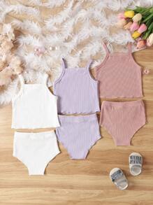 3 件套休闲可爱风格女婴蝴蝶结装饰背心和短裤，宽松舒适松紧带，3 种颜色 - 彩色 - 查看 2