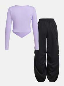 SHEIN Teen Girls' Ribbed Knit Star Pattern T-Shirt And Pleated Pants Casual 2pcs/Set - Mauve Purple - View 2