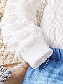 Baby Girls' Heart Pattern T-Shirt And Flare Jeans Printed Pants Set - White - View 8