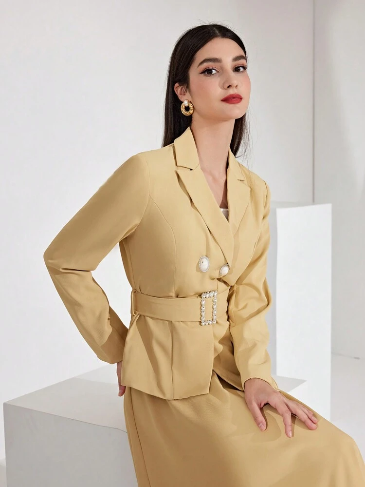 Women'S Solid Color Double Breasted Suit Jacket With Lapel Collar And Knee-Length Skirt
