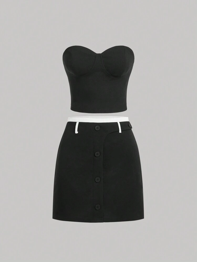 Ladies' Solid Color Bandeau Top & Colorblock Skirt 2 Piece Outfit