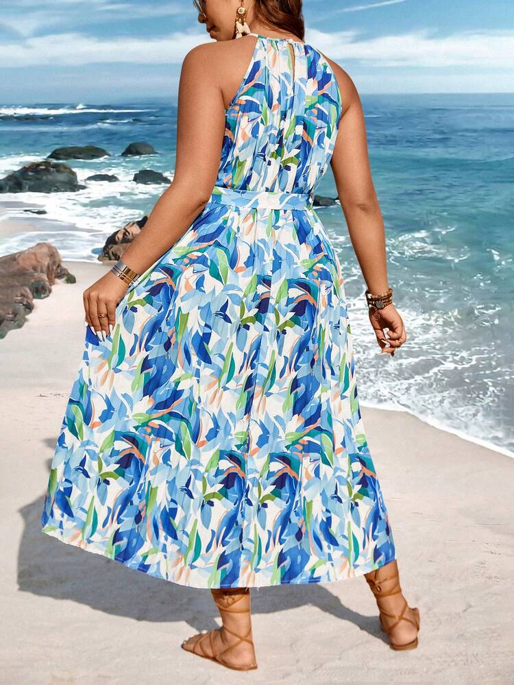 Plus Size Women'S Pleated Vacation Halter Neck Dress With Plant Print