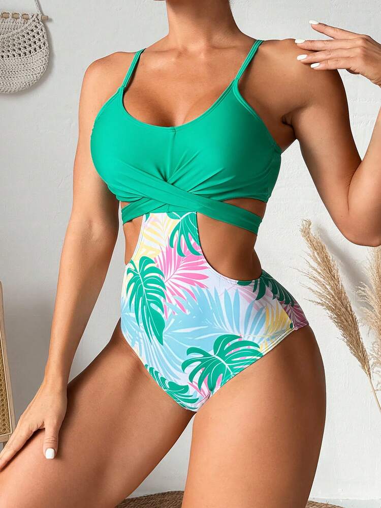 Ladies' Tropical Print Fringed One-Piece Swimsuit With Pom Poms Summer