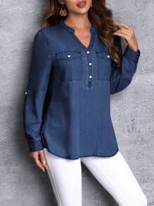 EMERY ROSE Women's Notched Collar Long Sleeve Denim Shirt New Long Sleeve/Half Sleeve Button Pocket Thin Denim Top - Blue - View 3