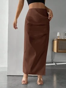 SHEIN PETITE Của phụ nữ Màu thuần Xếp li Khe bên Giải trí Váy - màu nâu - Xem 4