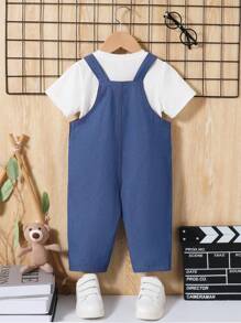 SHEIN Tricou cu mânecă scurtă și cusături contrastante Pantaloni/salopete 2 buc. - Albastru si alb - Vizualizare 2