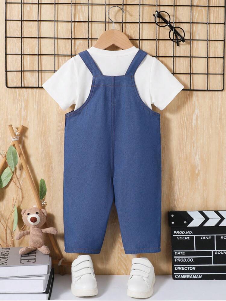 Baby Boy Solid Color Round Neck Short Sleeve T-Shirt And Contrast Stitch Suspenders Pants/Overalls 2pcs Colorblock Outfit