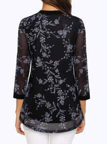 CheersLife 女士V领七分袖休闲连衣裙，配多层网纱腰带上衣 - 黑色 - 查看 2