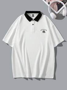 Manfinity Hypemode Men's Short Sleeve Polo Shirt With Color Block And Letter Printing All White Urban Casual Boyfriend Gift