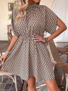 SHEIN Clasi Standkragen Batwing Ärmel Bedrucktes Kleid Für Damen - Verschiedenfarbig - Übersicht 1