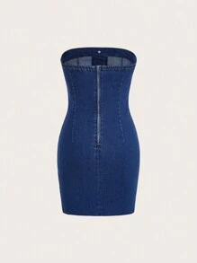 SHEIN MOD Women's Denim Button Front Strapless Dress - Dark Wash - View 5